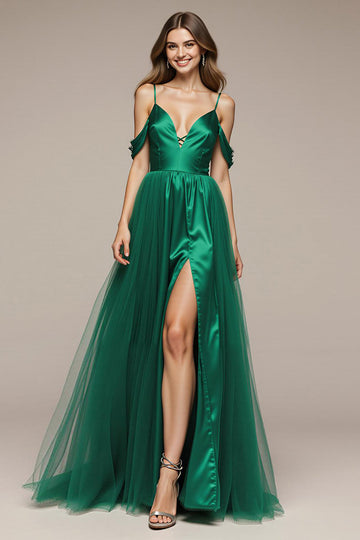 Cold Shoulder Green A-Line Satin Pageant Dress with Slit